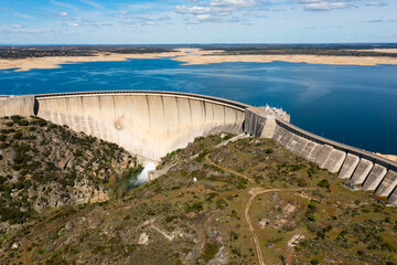 Panoramic shot of the Almendra Dam reservoir in Salamanca, Spain