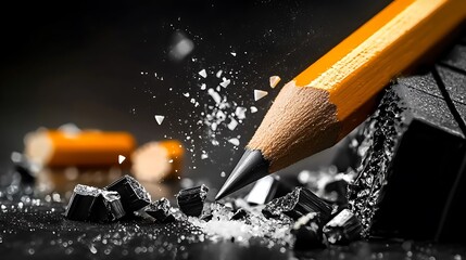 Close-up of a sharpened pencil breaking apart with shavings and graphite dust on a dark background