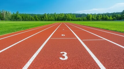 Fototapeta premium Red athletic track with numbered lanes under sky