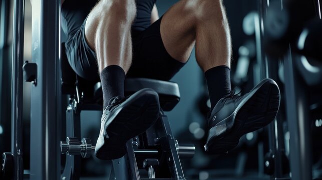 Advanced leg curls on machine: A man using a leg curl machine for hamstring exercises, his legs fully extended with the weights clearly visible.