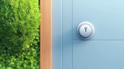 Keyhole on blue door with green plants nearby