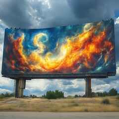 Cosmic billboard art in desolate landscape under dramatic sky