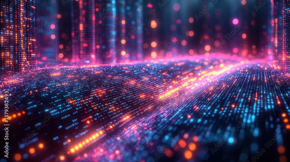 Aufkleber futuristic digital landscape with glowing binary code and neon colors in cyberpunk style