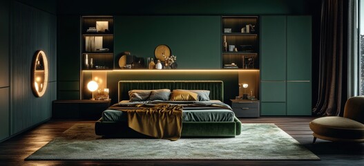 Luxurious and modern bedroom interior with elegant furniture and lighting decor