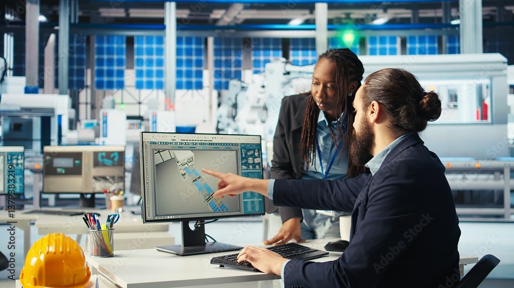 Poster photovoltaics factory manager delegating tasks to employee after checking performance of solar panel