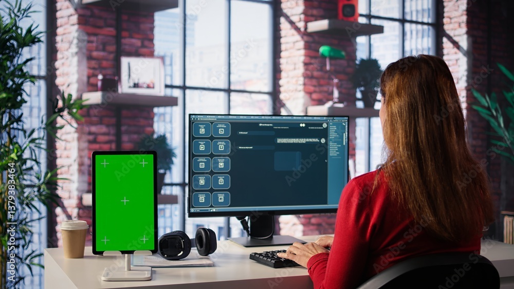 Poster mature adult utilizes a digital ai tool on web interface next to green screen, remote work. artifici