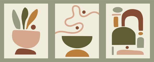 Minimalist Boho Abstract Wall Art Set – Earth Tones Mid-Century Modern Shapes, Neutral Botanical and Geometric Design, Contemporary Home Decor Vector Set Illustration