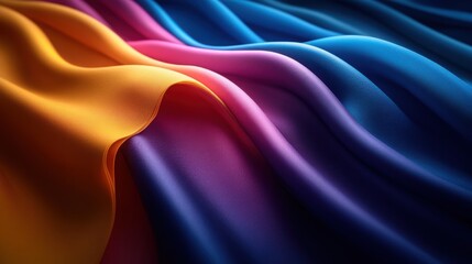 Vibrant layers of orange, purple, and pink in smooth curves resembling flowing paper, with soft shadowed textures and spherical accents