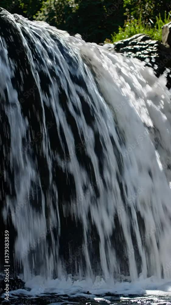Poster close-up video of a waterfall cascading down rocks, captured from a low angle, emphasizing the dynam