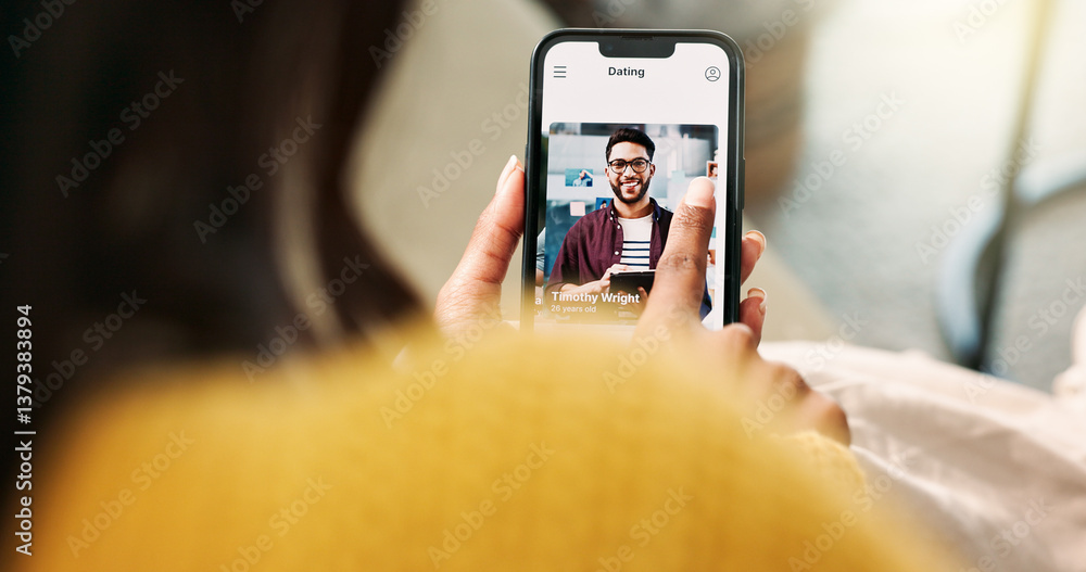Poster back, woman and hands on phone screen of dating app at house with online meeting, profile match and 