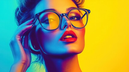 Fototapeta premium A lively and expressive portrait of a woman with chic glasses, adjusting them with one hand, wearing vibrant red lipstick, portrayed with sharp contrasts of yellow, blue, and purple.
