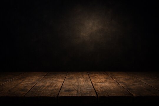 Empty Wooden Stage Illuminated by Spotlight in Dark Room &ndash; Abstract Background for Presentation or Theater Concept