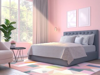 A modern bedroom featuring a large bed with pillows and plants