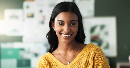 Portrait, Indian woman and happy in home at study room with pride for education, knowledge and...