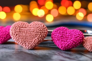 Knit hearts with bokeh lights, and romance.