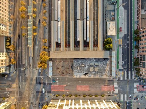 Aerial view of Caltrain  train station and  cars at a station in SOMA, San Francisco, , California, USA