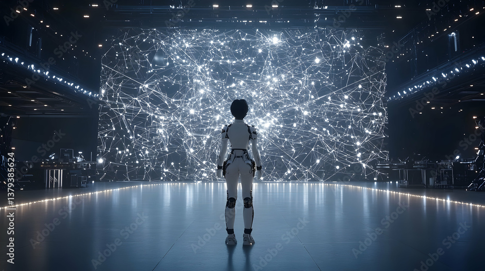 Poster female robot interacting with glowing data sphere in dark futuristic space