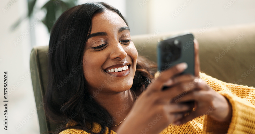 Poster woman, connection and smartphone in home for scroll, typing and text message on couch in living room