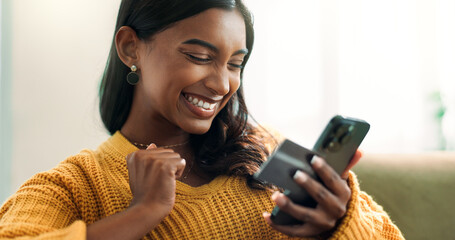 Excited, woman or phone with credit card rewards for financial bonus, savings or investment...