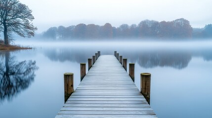 Naklejka premium Misty Morning Lake Wooden Pier
