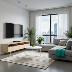 Modern, minimalist living room with white walls, a light gray sofa, light wood furniture, and a city view through large windows. Green plants and a teal blanket add subtle color.
