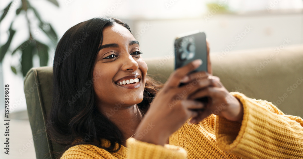 Poster girl, connection and smartphone in home for scroll, typing and text message on couch in living room.