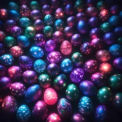 a vast collection of glowing Easter eggs in neon colors, beautifully arranged and viewed from above