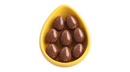 Obraz premium Easter Chocolate Eggs in Yellow Bowl Isolated on White Background – Holiday Celebration Concept