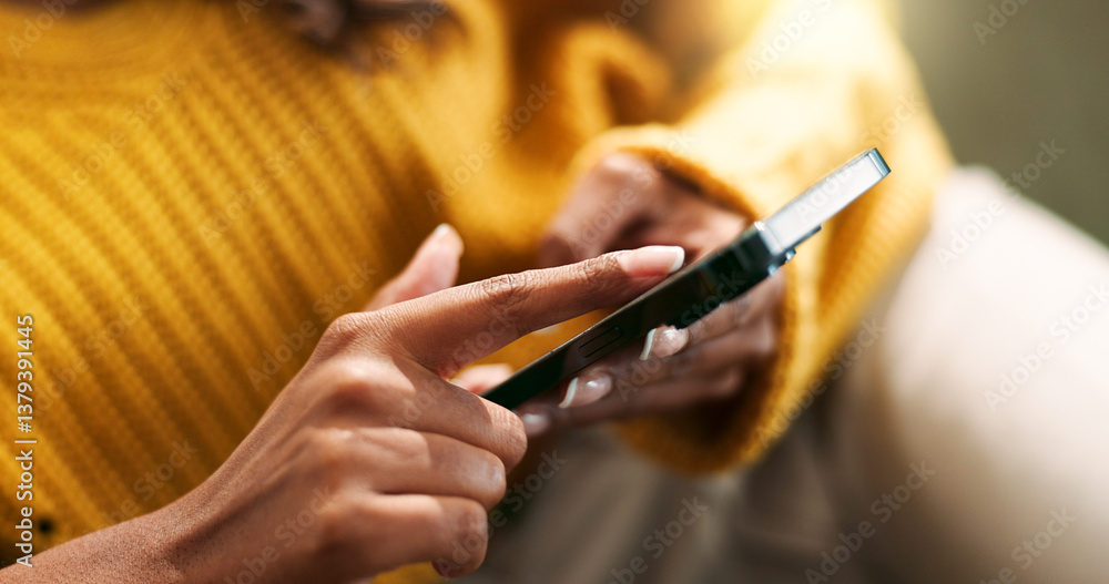 Aufkleber Hands, connection and smartphone in home for scroll, typing and text message on couch in living room. Female person, network and mobile app for creating profile, chat and explore on dating website