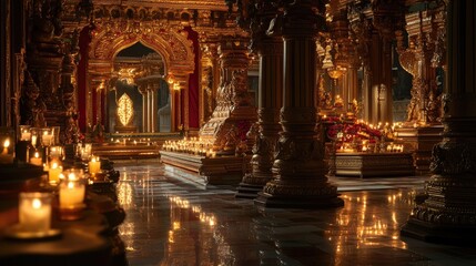 The ornate interiors of the Balaji Tirupati temple, featuring rich gold and red decorations, lit by soft candlelight