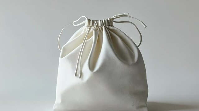 White drawstring bag. A room with a white and gray bag. A wall of light glares on the floor. A white cinch bag lifestyle.