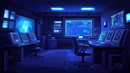 Naklejka premium Futuristic control room at night, monitoring global systems