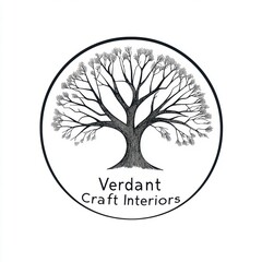 Black and white illustration of a stylized tree with intricate branches inside a circular frame, accompanied by the text "Verdant Craft Interiors" positioned below the tree.