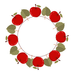 The frame is in the form of a circle of red apples and green leaves