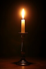 Lit candle in candlestick with dark room.