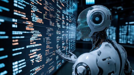 Futuristic robot analyzing code wall in data center