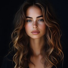 Fototapeta premium Portrait of a confident woman in a studio, showcasing her textured hair with a focus on beauty, luxury wellness, and haircare treatments against a dark backdrop
