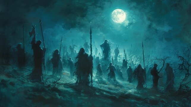 A haunting and atmospheric scene depicting a ghostly army shrouded in mist and darkness, standing in formation under a full moon. The figures are cloaked in tattered robes, wielding spears and staffs,