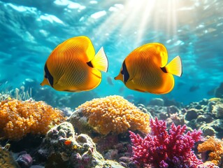 Swimming Butterflyfish Pair in Coral Reef with Sunlit Turquoise Water
