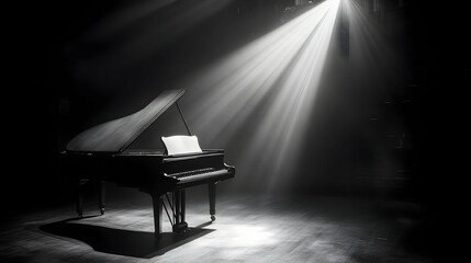 A grand piano illuminated by soft light, creating a serene and artistic atmosphere.