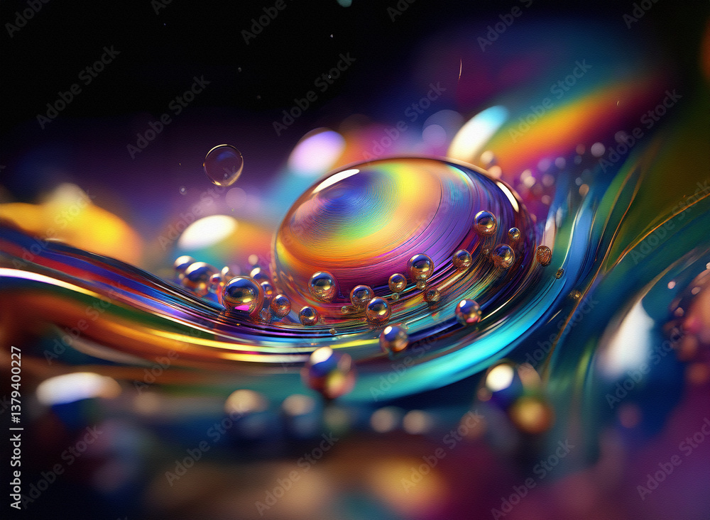 Poster iridescent droplet on a wavy surface with a dark background. the vibrant colors reflect light, creat