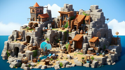 Pixel Art Fortress on Rocky Island Surrounded by Blue Ocean with Sandy Shore Featuring Detailed Architecture and Weathered Textures Under Bright Daylight
