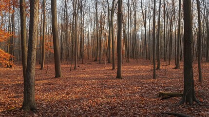 Obraz premium Serene Autumn Forest Landscape with Vibrant Fallen Leaves and Trees