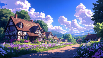 Pixel Art Idyllic Village Landscape With Tudor Style Houses Lush Greenery and Purple Flowers Under a Blue Sky With Clouds in a Countryside Setting