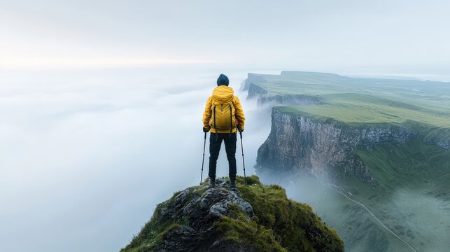 A man stands on a mountain top, looking out over a foggy landscape