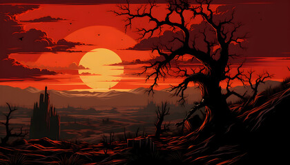 Pixel Art Landscape of Silhouette Tree on Hill with Orange Sunset Sky and Distant Castle Ruins
