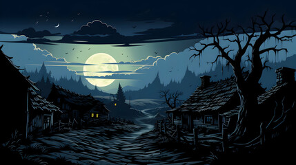 Pixel Art Landscape of Moonlit Village with Bare Trees and Dark Blue Sky in Night Time