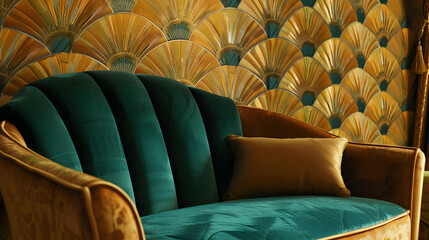 Fototapeta premium A luxurious teal sofa against a decorative golden fan-patterned wall.