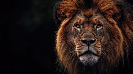 Lion's Majestic Gaze Close Up with Warm Colors and Black Background