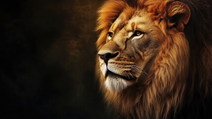 Fototapeta premium Majestic Lion Portrait Close Up with Intense Gaze Against Dark Background
